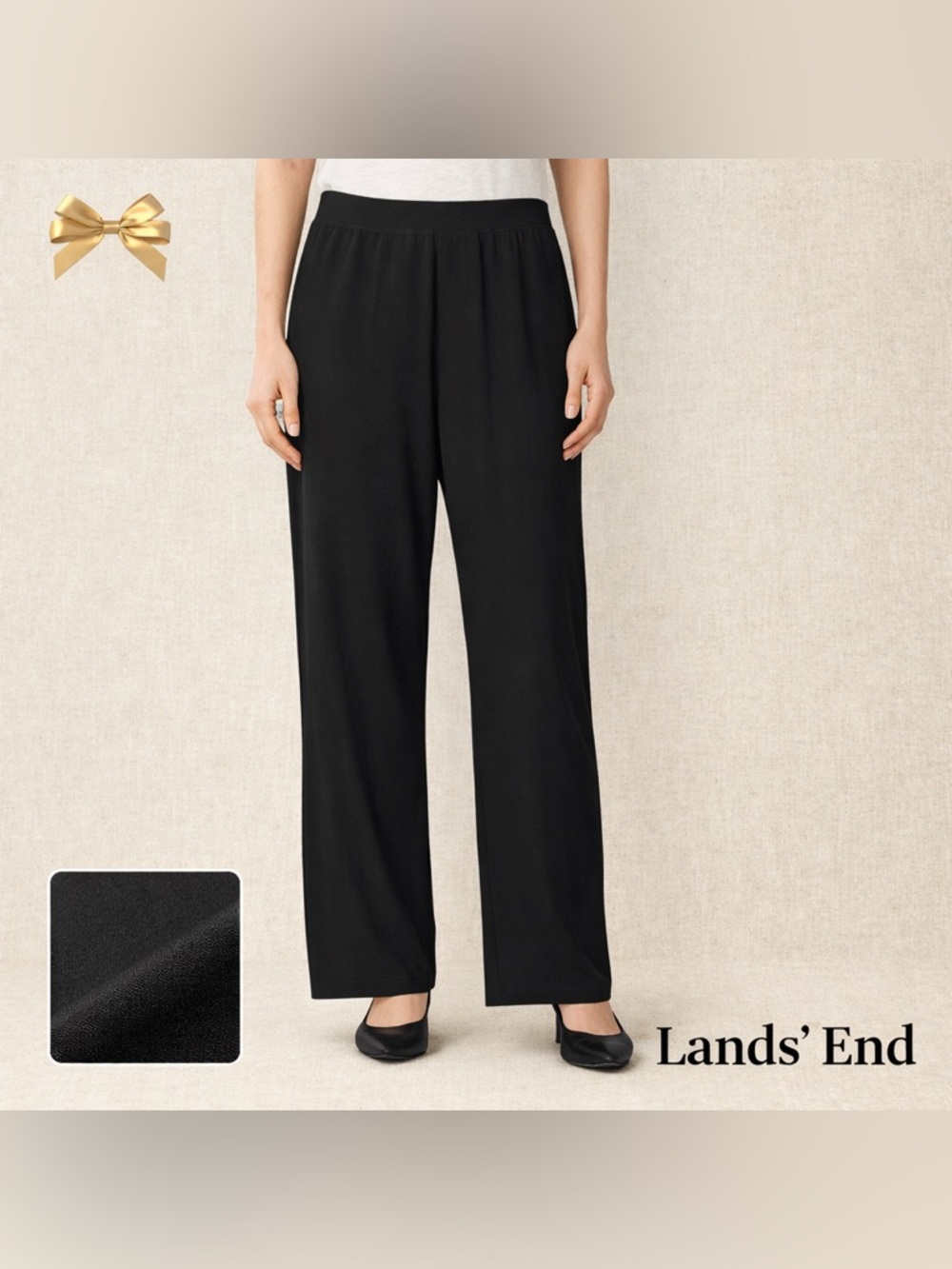 Lands’ End Black Pull-On Pants Stretch Wide Leg Size Medium 10-12